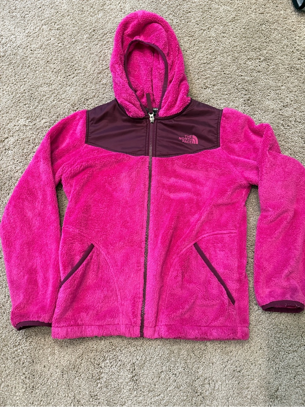 The North Face Kids Hot Pink Hooded Fleece Jacket with Burgundy Yoke